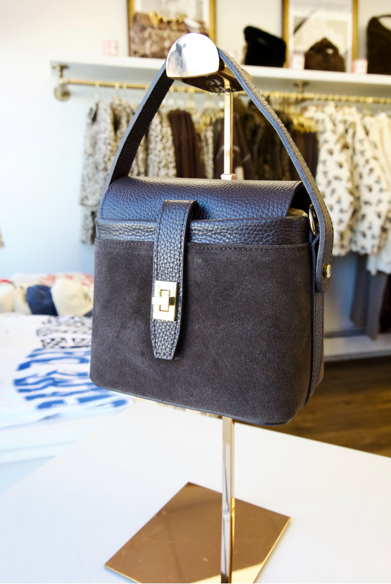 Brown Suede Buckle Bag