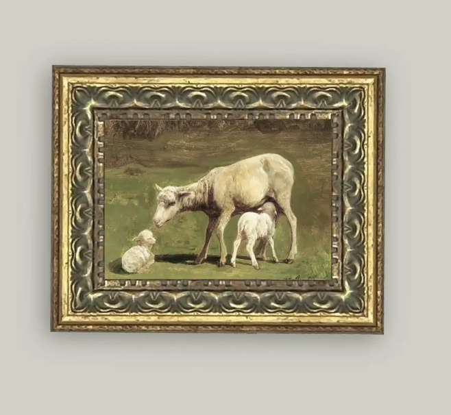 Ewe and Two Lambs Framed Antique Art