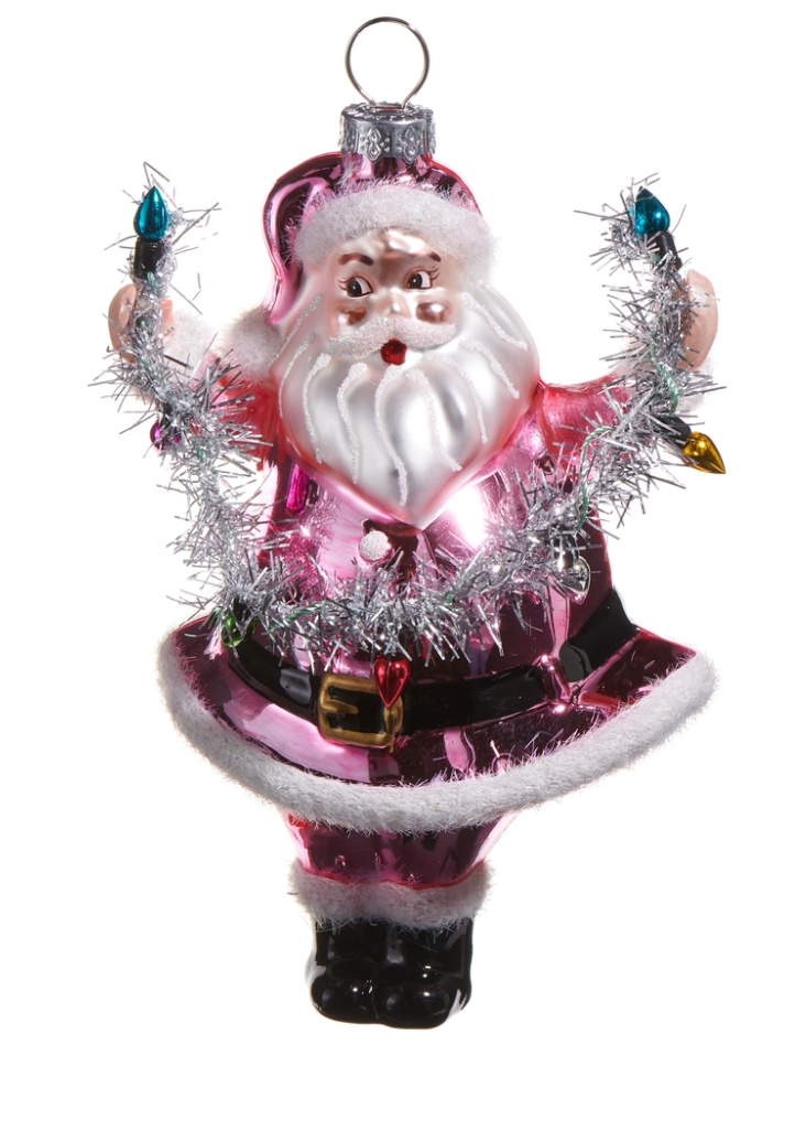 Pink Santa Holding Lights Ornament