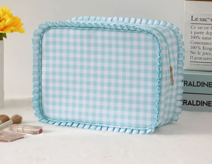 Mint Ruffle Gingham Cosmetic Pouch
