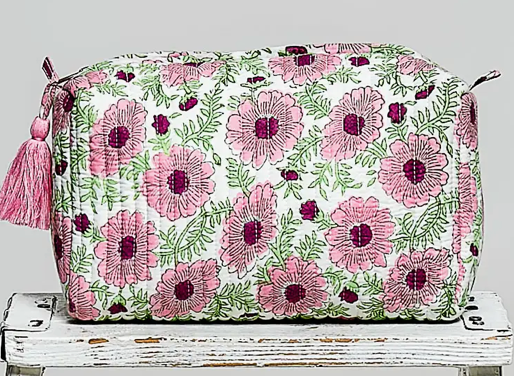 Pink Floral Quilted Tassel Cosmetic Bag