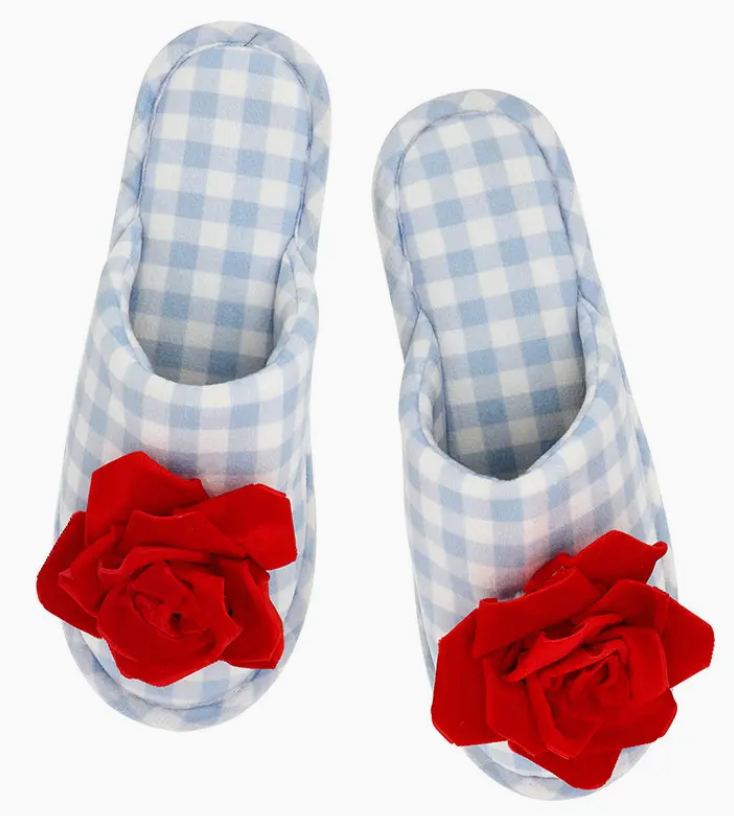 Velvet Rosette Slippers Blue Gingham