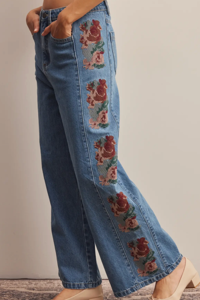 Floral Embroidered Wide Leg Jeans