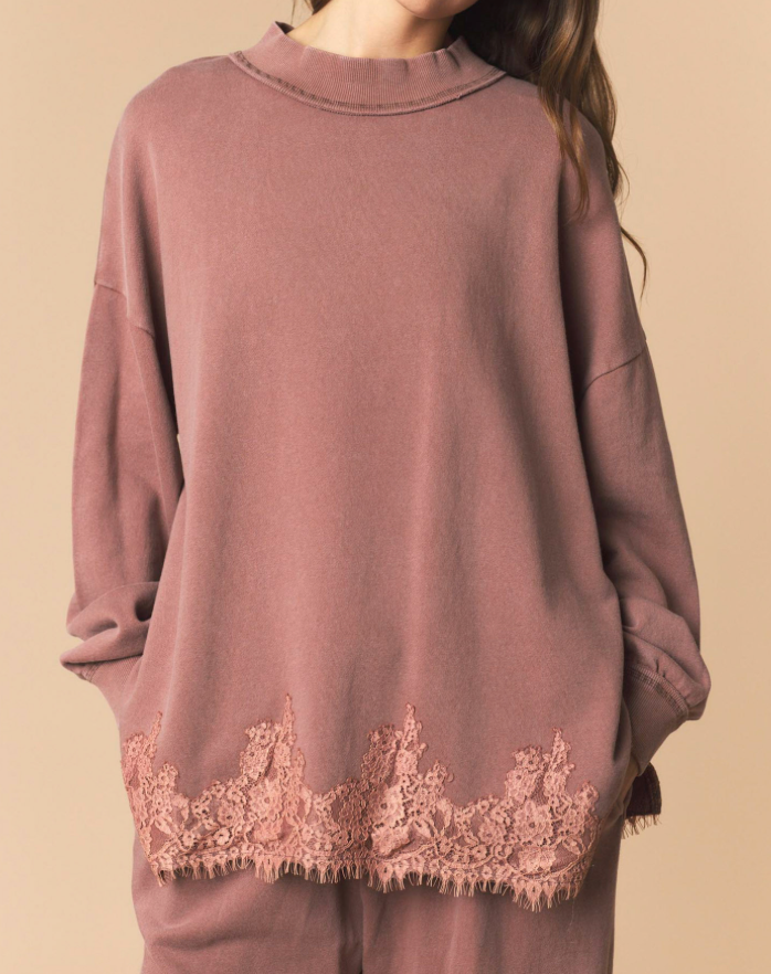 Brown Lace Hem Sweatshirt