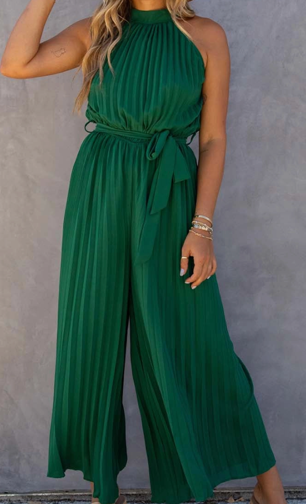 Green Halter Neck Wide Leg Jump Suit