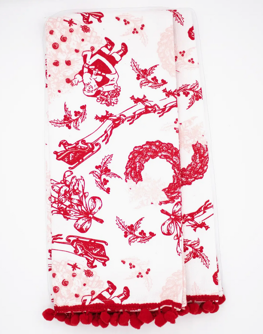 Santa Toile Pompom Kitchen Towel