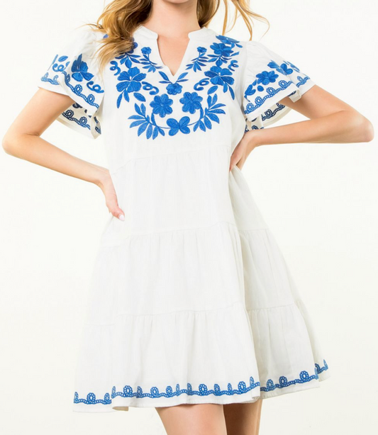 THML Embroidered White and Blue Dress
