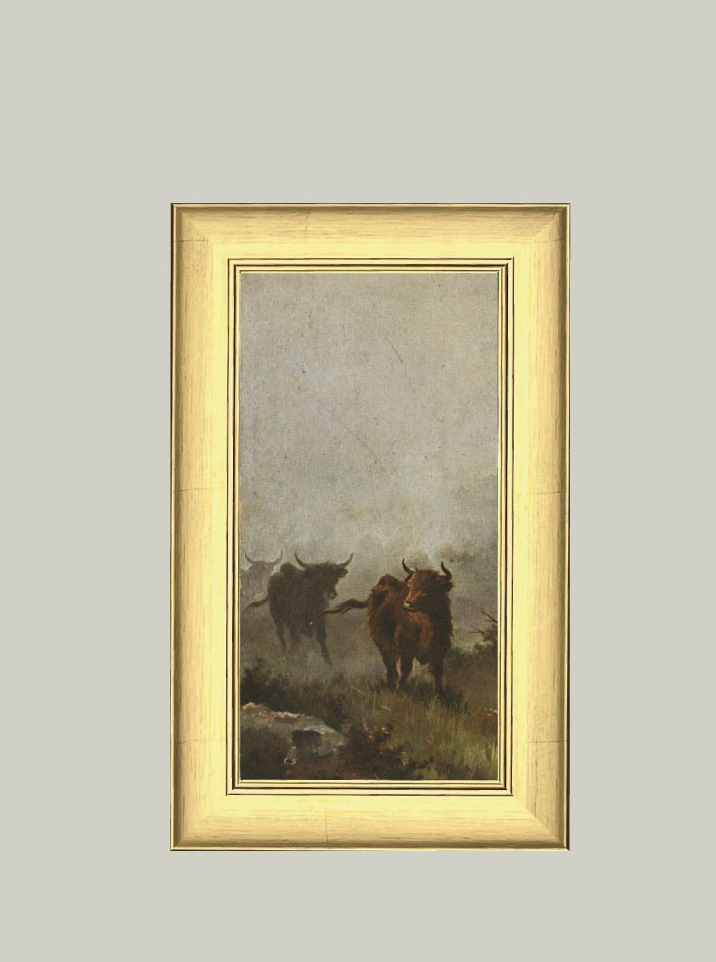 Bulls in a Misty Morning Framed Antique Art