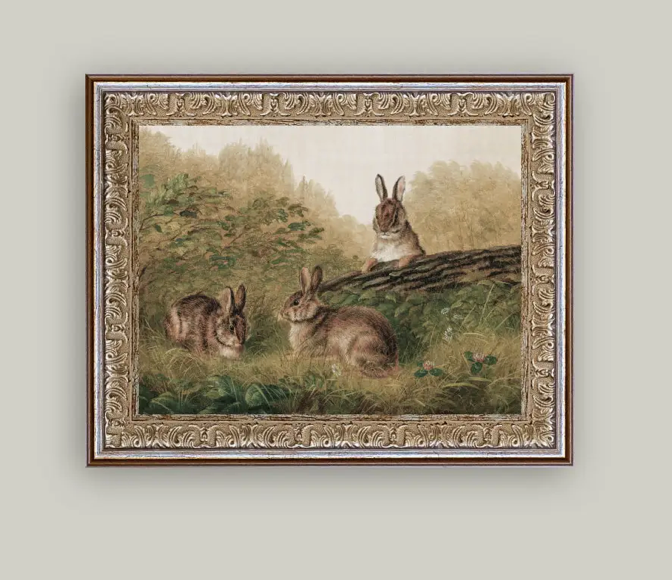 Rabbits on a Log Framed Art