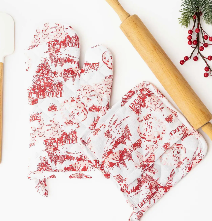 Santa Toile Oven Mitt Set