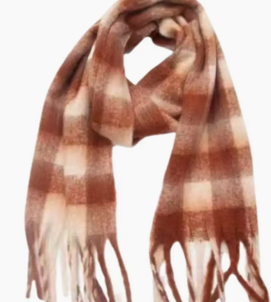 Brown Fringe Checkered Scarf