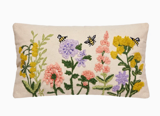 Floral Natural Field Embroidered Pillow