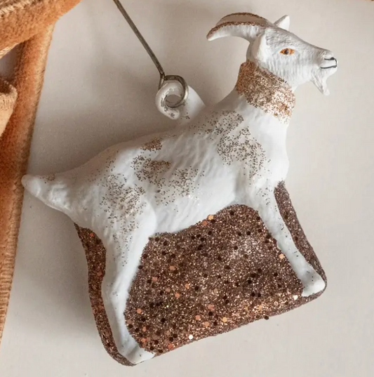 Gold and White Glitter Goat Ornament