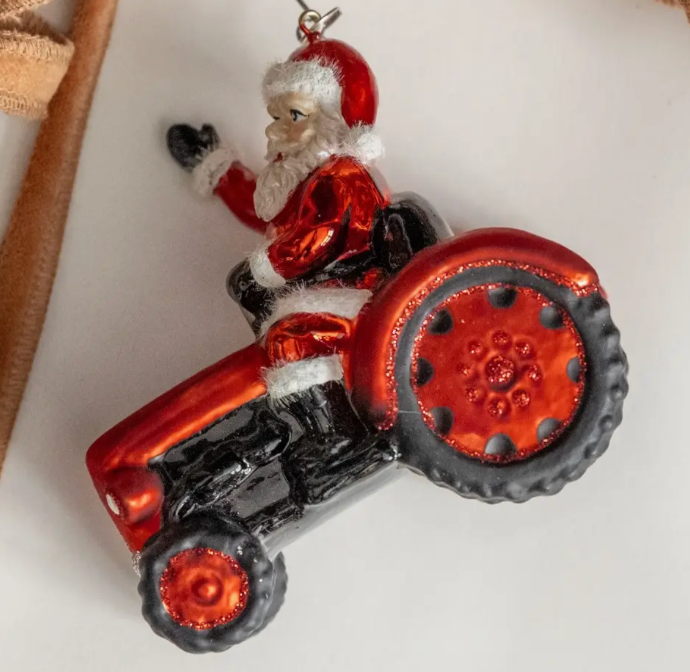 Santa on Red Tractor Ornament