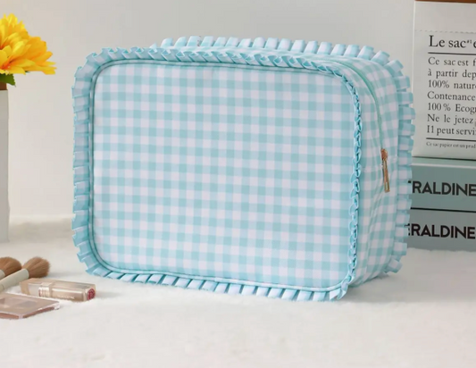 Mint Ruffle Gingham Cosmetic Pouch