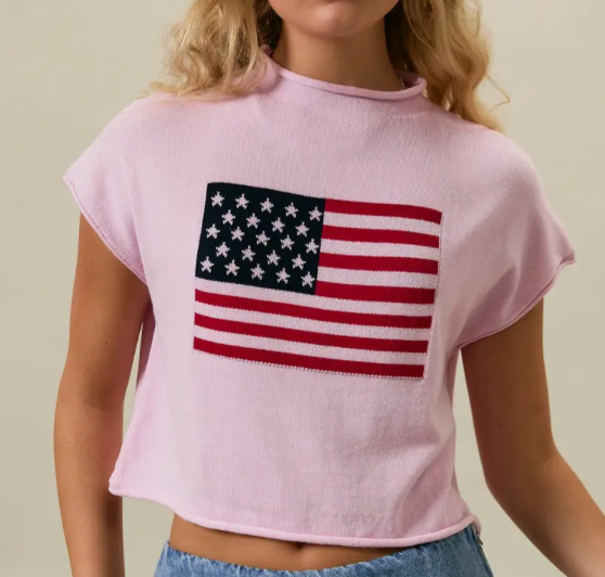 Short Sleeve Flag Sweater Pink