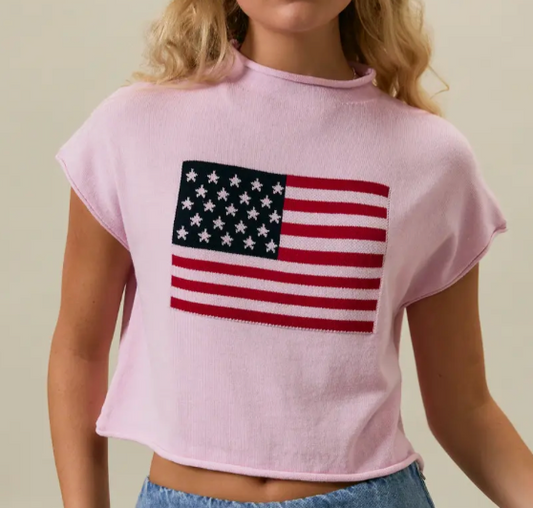 Short Sleeve Flag Sweater Pink