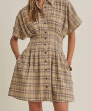 Rustic Cabin Pleated Plaid Dress Biscuit