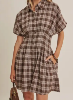 Rustic Cabin Pleated Plaid Dress Mocha