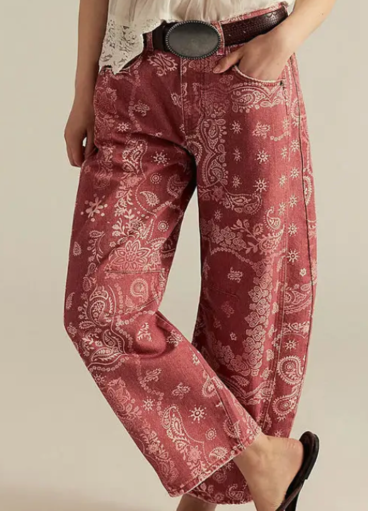 Red Paisley Print Barrel Pants